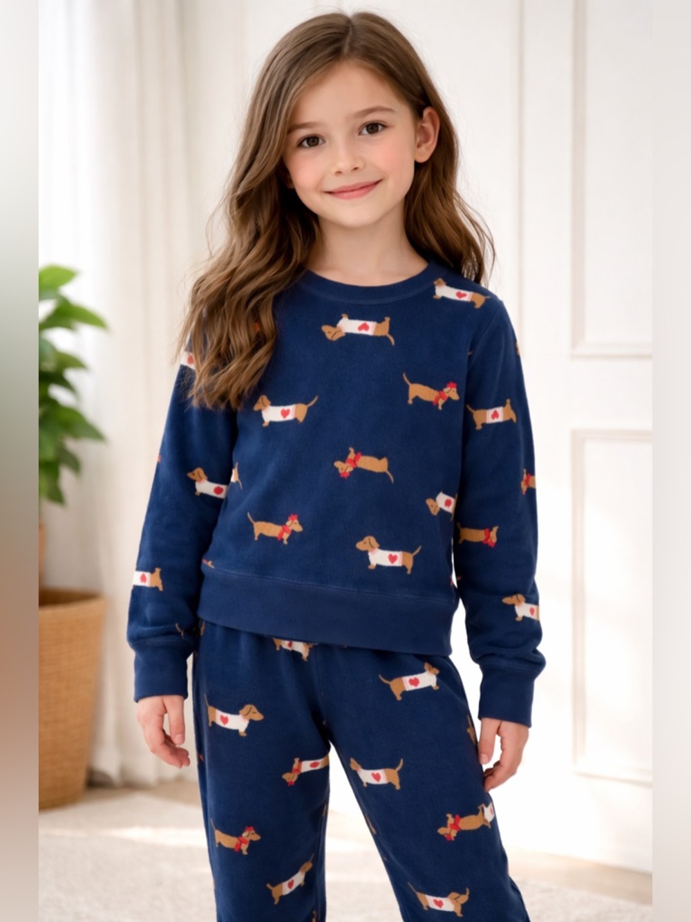 Old Navy Girls Size 8 Dachshund Fleece Pajama Set Navy Blue Wiener Dog Print